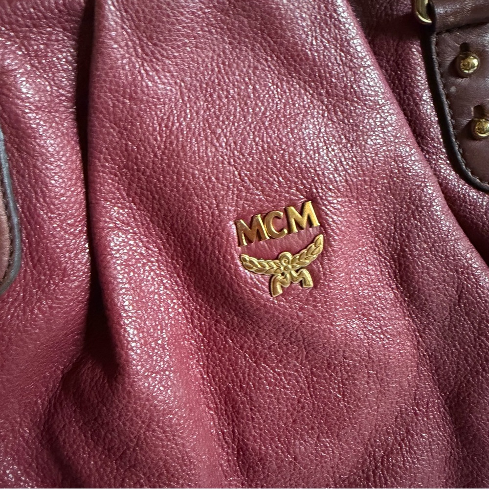 MCM Burgundy Maroon Leather Two Way Satchel Bag Leather Colon Hobo Medium - Picture 5 of 10
